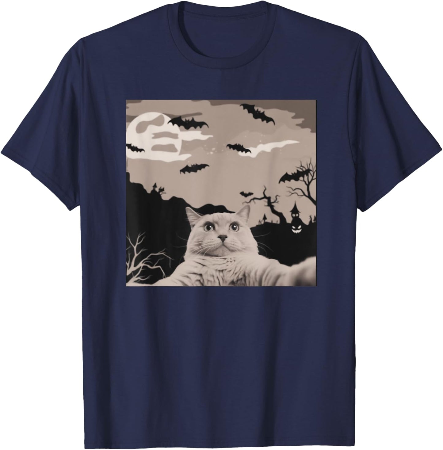 Cat Selfie With Halloween Background Funny Cat Gifts T-Shirt - T-Shirt | Navy