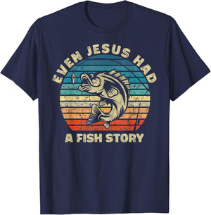 Even Jesus Has a Fish Story Christian Fisherman Funny Retro T-Shirt - T-Shirt | Navy
