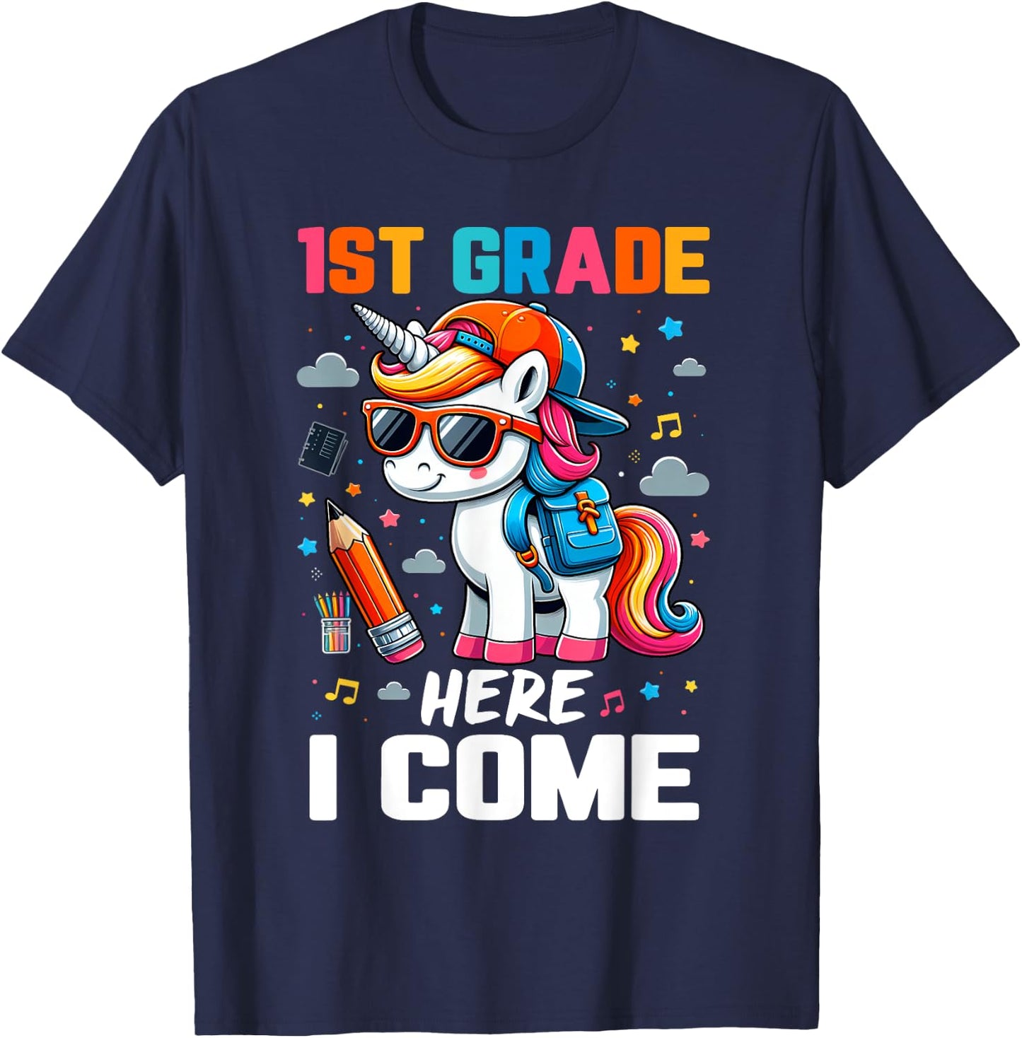 First 1st Grade Here I Come Shirt First Day Of School Girls T-Shirt - T-Shirt | Navy