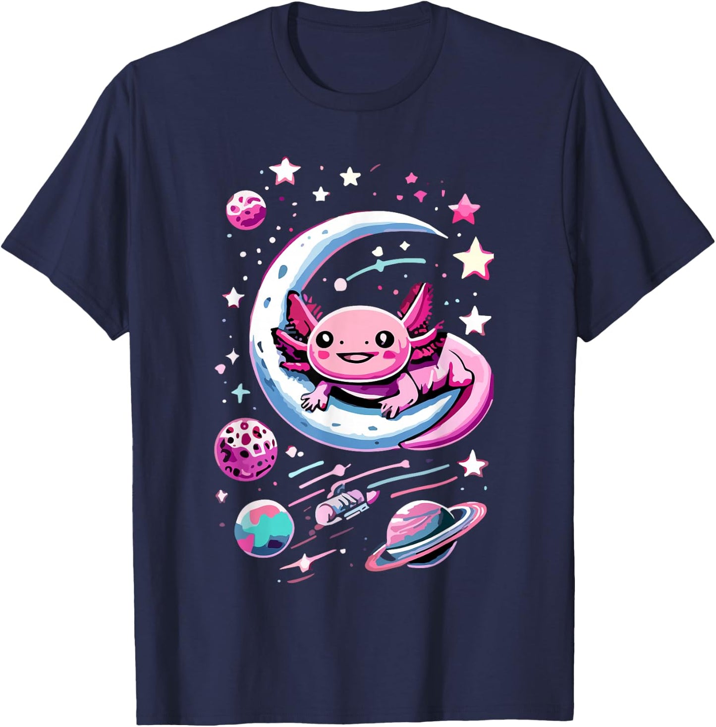 Space Adventure Kawaii Axolotl T-Shirt - T-Shirt | Navy