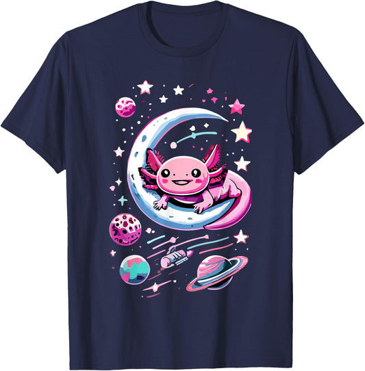 Space Adventure Kawaii Axolotl T-Shirt - T-Shirt | Navy