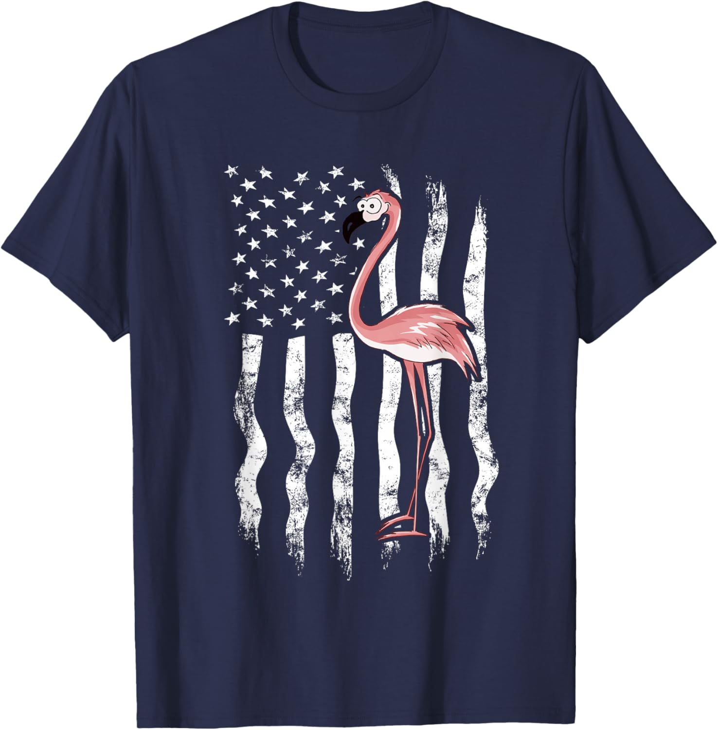 USA American Flag Funny Cute Pink Cartoon Flamingo Small T-Shirt - T-Shirt | Navy