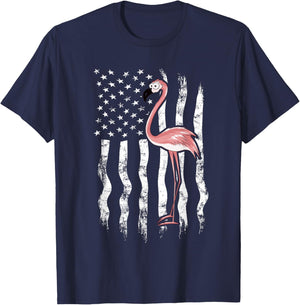 USA American Flag Funny Cute Pink Cartoon Flamingo Small T-Shirt - T-Shirt | Navy