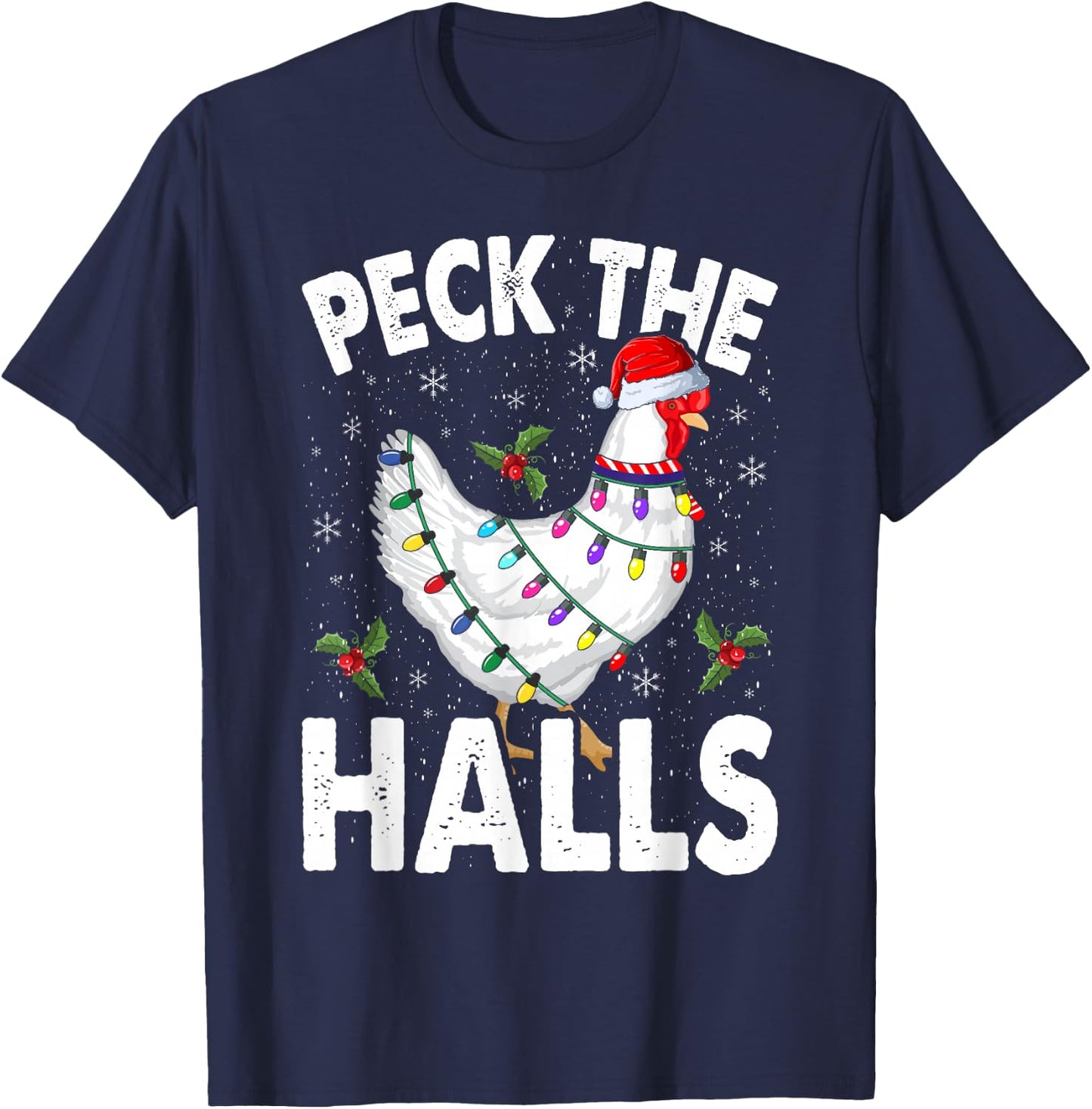 Peck the Halls | Chicken Christmas Santa Hat T-Shirt - T-Shirt | Navy