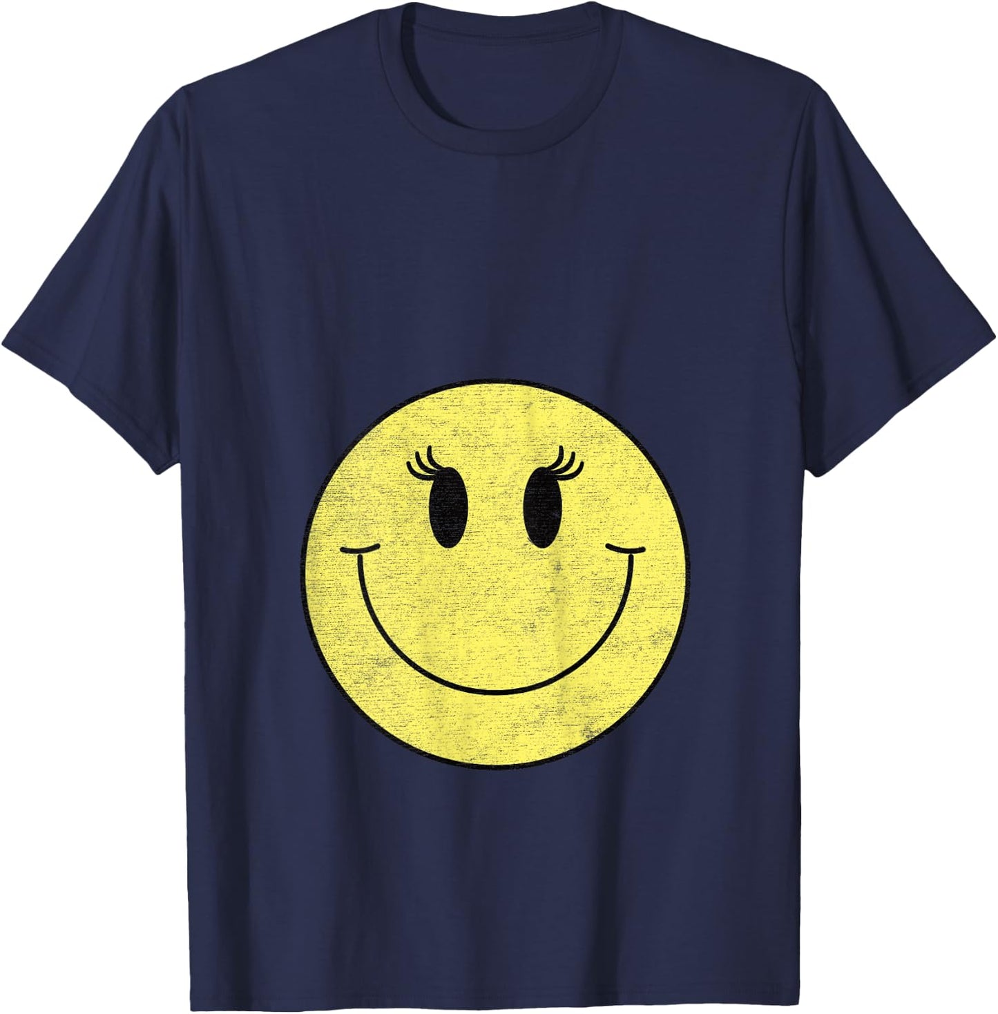 Vintage Cute Eyelashes Yellow Happy Smiling Smile Face Girl T-Shirt - T-Shirt | Navy