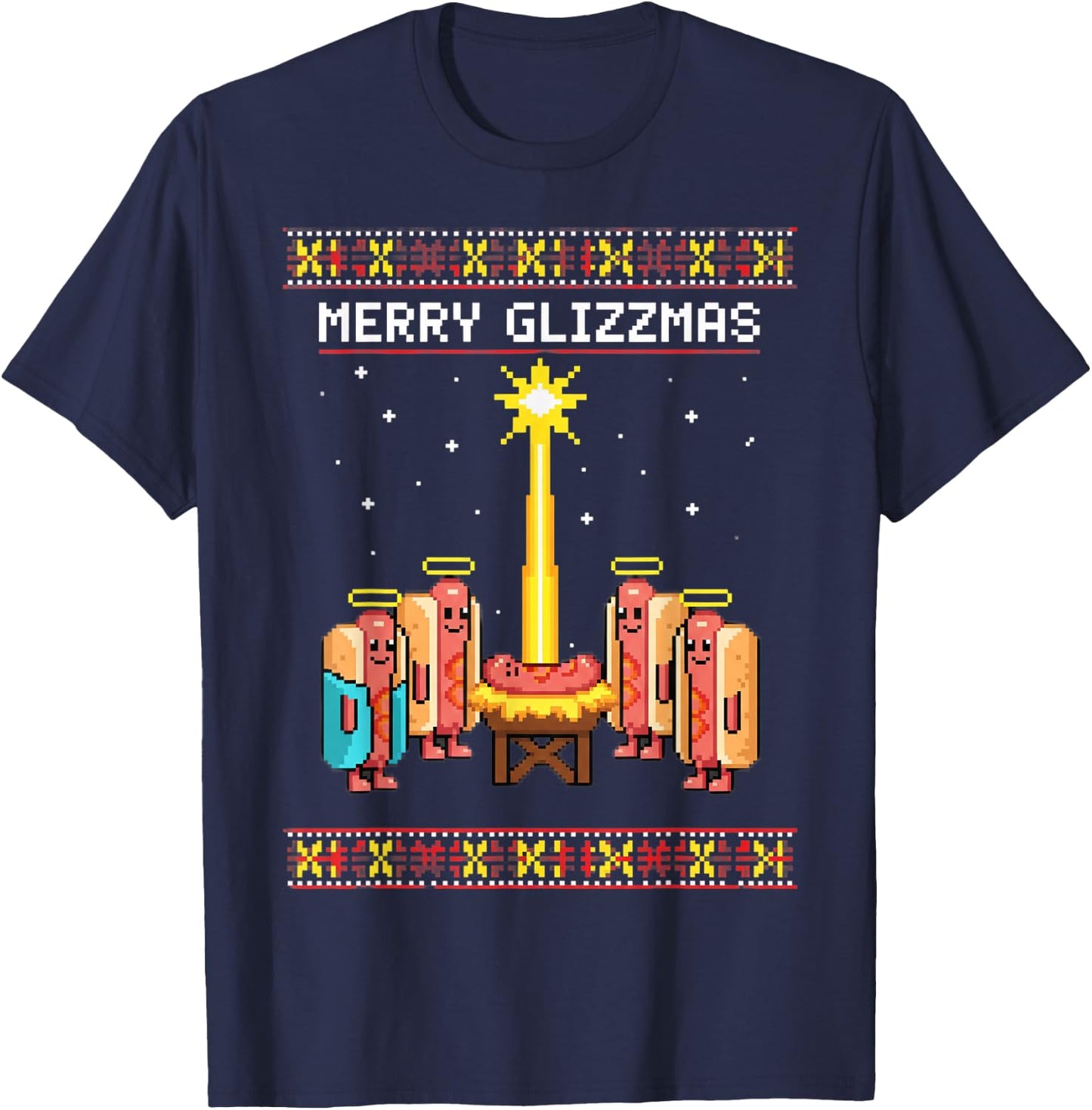 Dog Merry Glizzmas Retro Hotdog Squad Pixel Art T-Shirt - T-Shirt | Navy