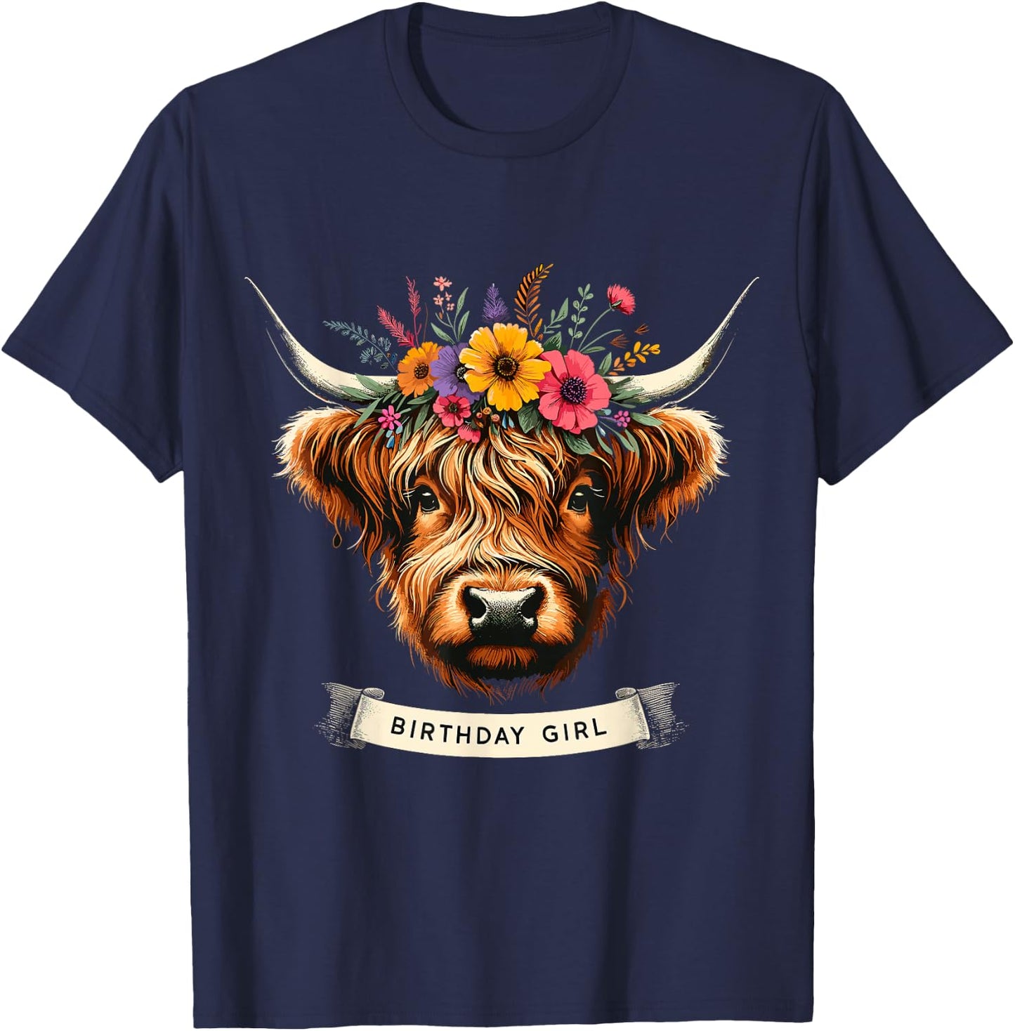 Highland Cow Birthday Girl Party T-Shirt - T-Shirt | Navy