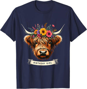 Highland Cow Birthday Girl Party T-Shirt - T-Shirt | Navy
