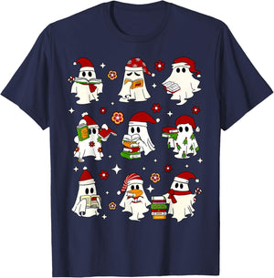Funny Santa Ghost Reading Books Christmas Library Teacher T-Shirt - T-Shirt | Navy