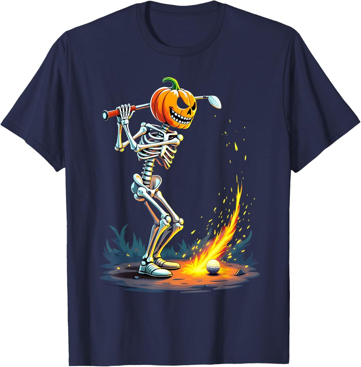 Pumpkin Head Skeleton Playing Golf Fireball T-Shirt - T-Shirt | Navy