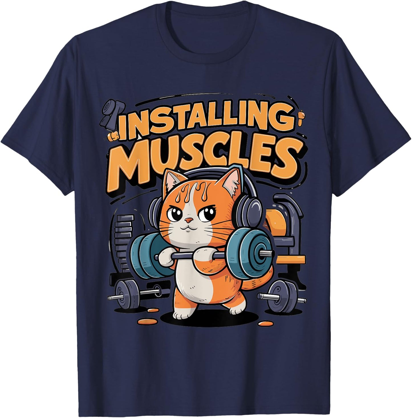 Funny Cat Installing Muscles Please Wait Lifting Barbell Women Girls Kids T-Shirt - T-Shirt | Navy