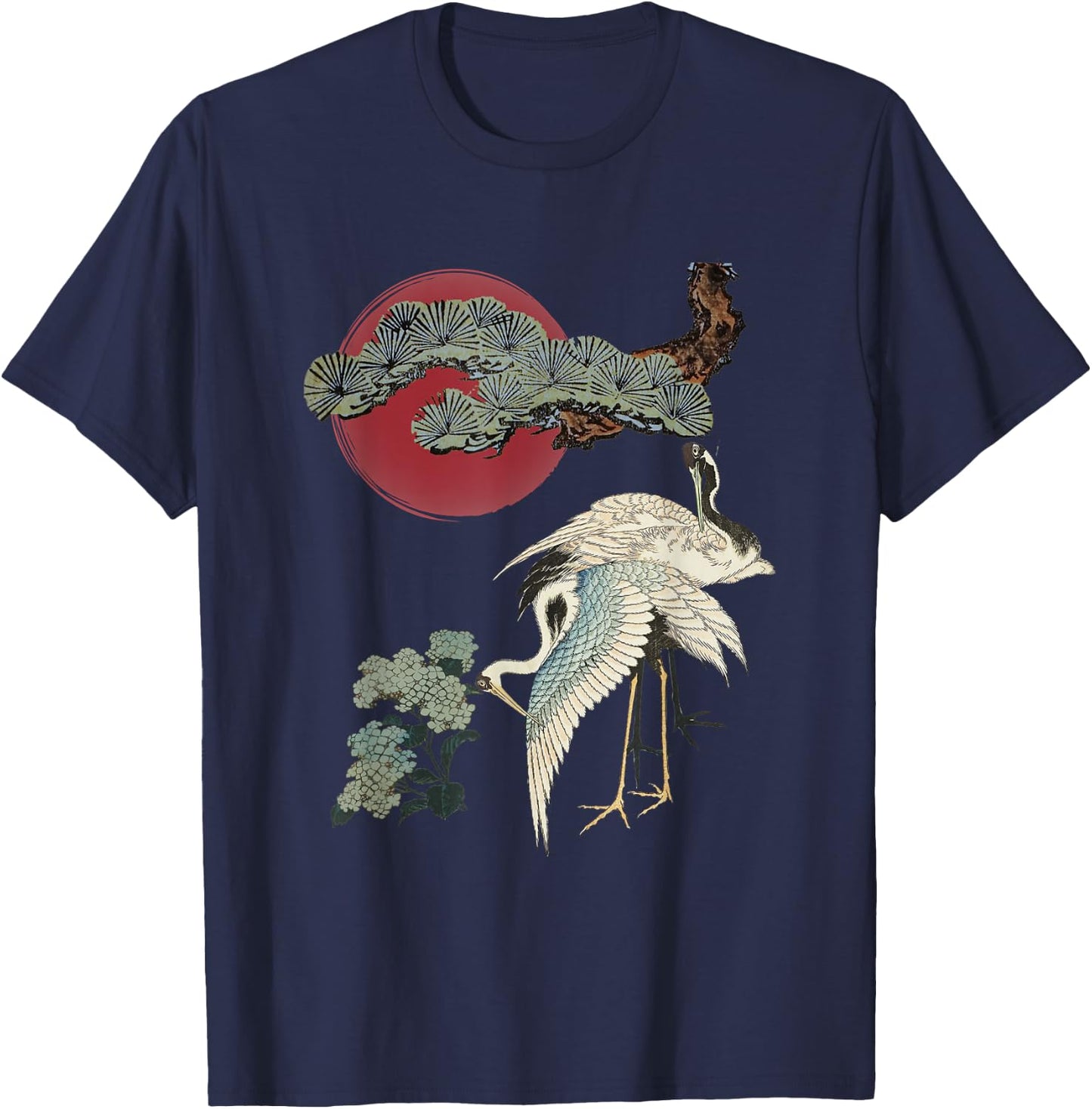 Japanese Crane and Pine Tree Art Elegant Traditional Design T-Shirt - T-Shirt | Navy