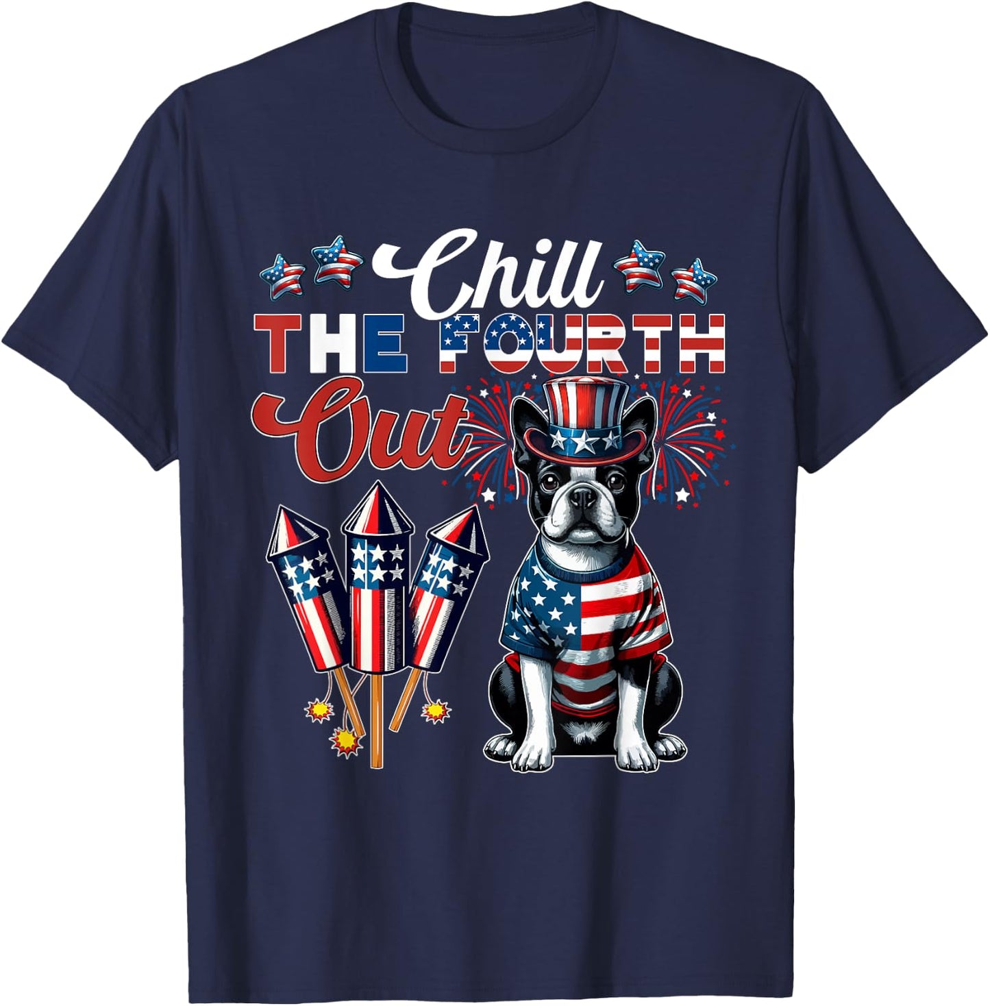 Chill The Fourth Out Costume 4th Of July Cute Boston Terrier Kids Men T-Shirt - T-Shirt | Navy