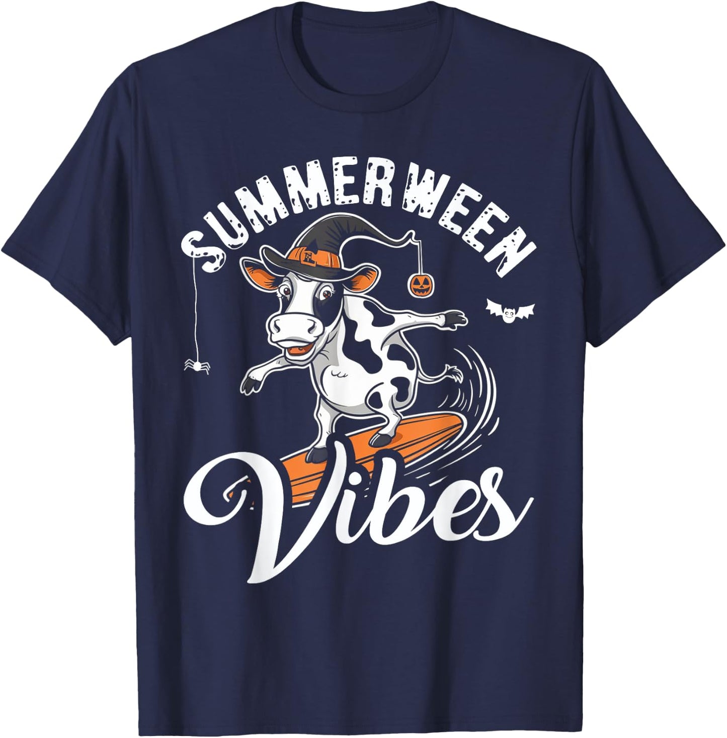 Summerween Vibes Funny Cow Surfing Summer Halloween Vacation T-Shirt - T-Shirt | Navy