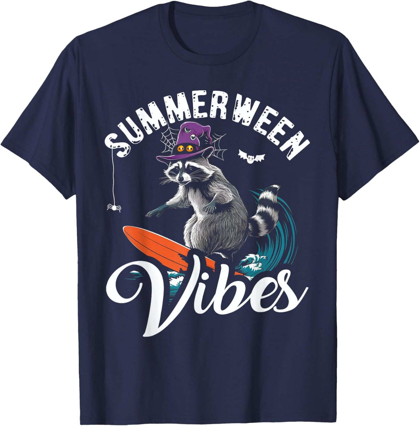 Summerween Vibes Raccoon Surfing Summer Halloween Vacation T-Shirt - T-Shirt | Navy