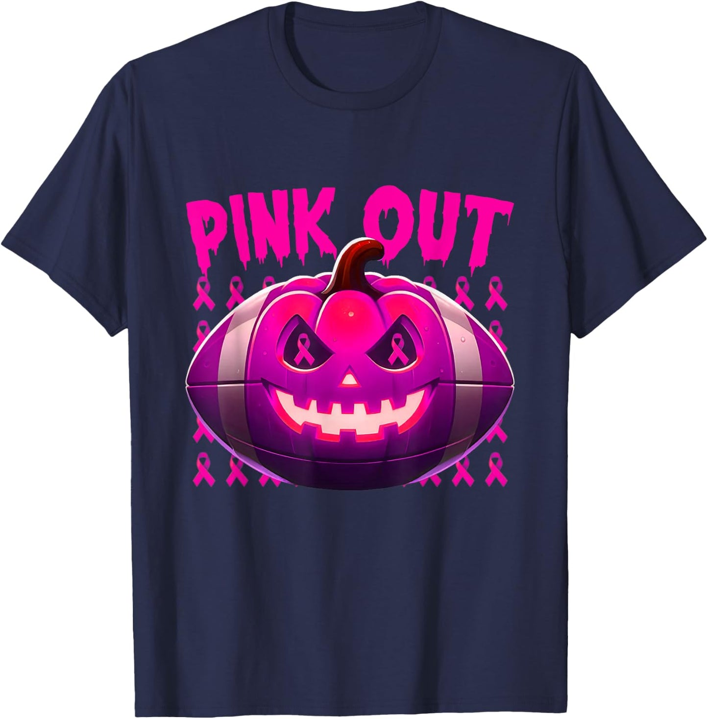 Pink Out Breast Cancer Awareness Football Halloween Pumpkin T-Shirt - T-Shirt | Navy