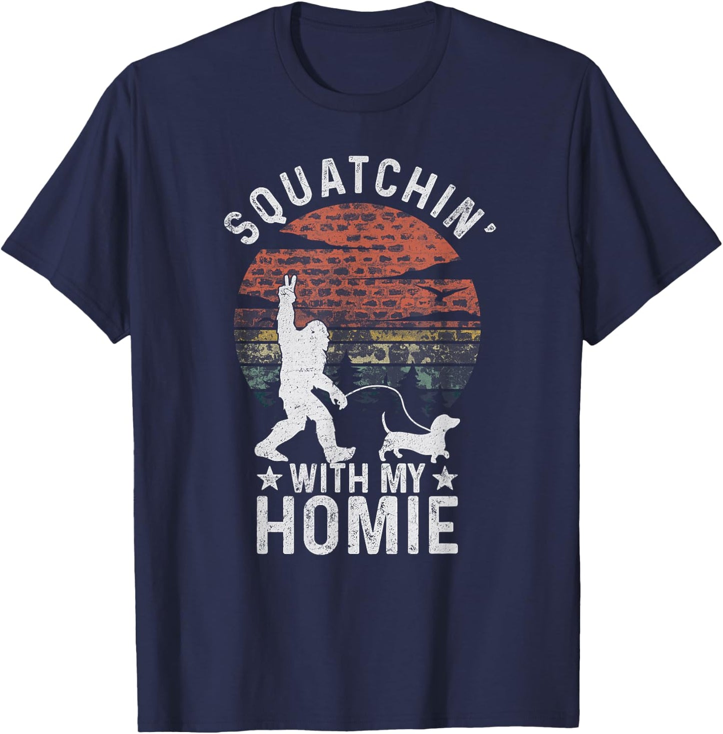 Funny Bigfoot Walking Weiner Dog Clothing Bigfoot Walking Dachshund Sasquatch Wiener Dog Lover T-Shirt - T-Shirt | Navy