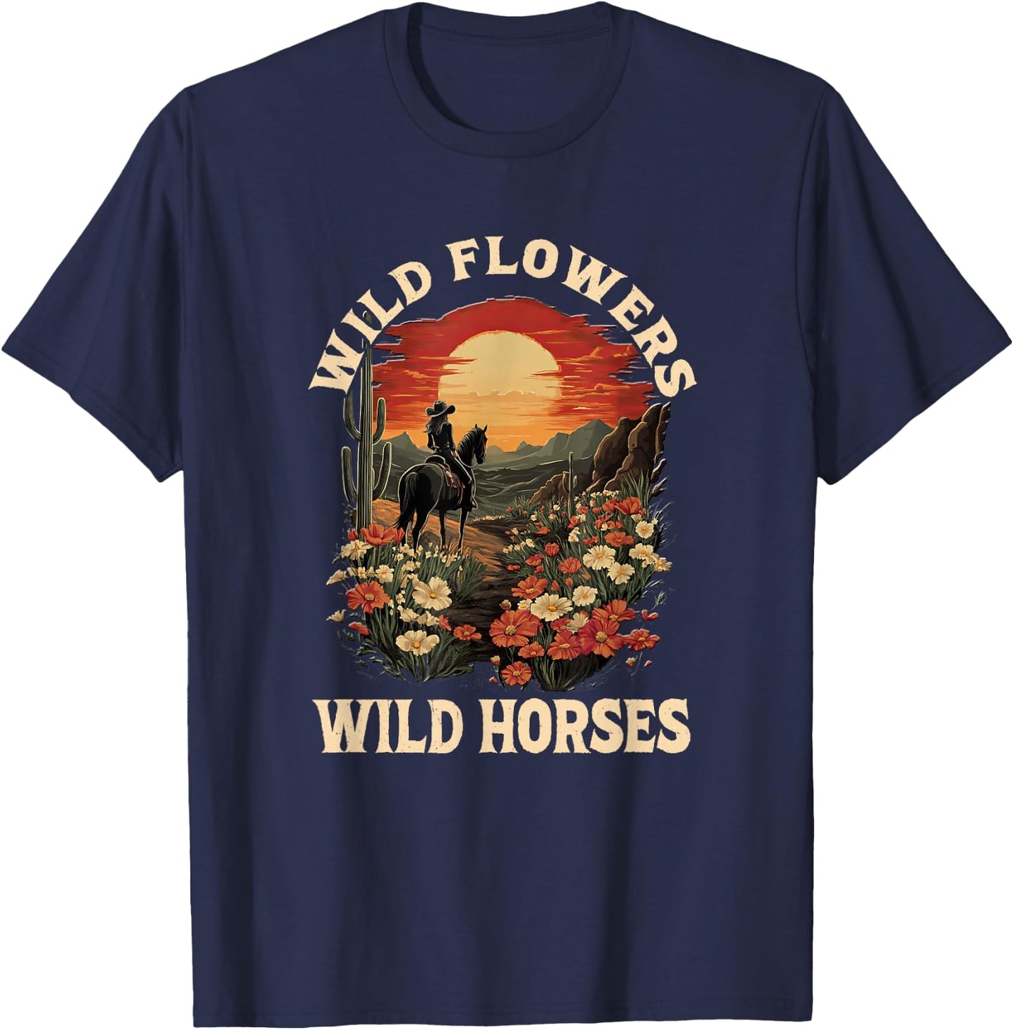 Western Sunset Cowgirl Riding Horse Wild Flowers Wild Horses T-Shirt - T-Shirt | Navy