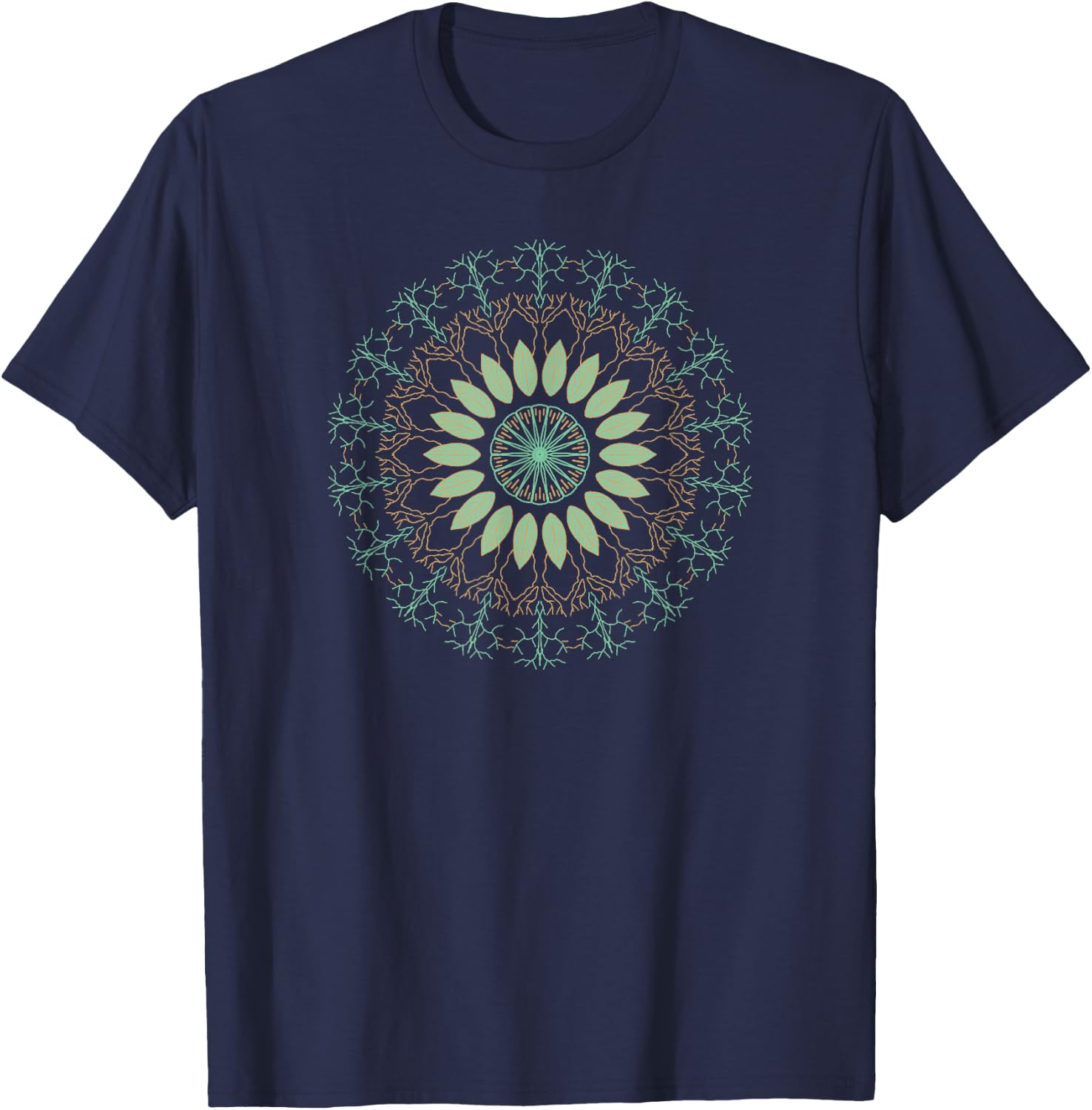 Vintage Illustrated Leaves & Nature Mandala Zen Design T-Shirt - T-Shirt | Navy