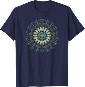 Vintage Illustrated Leaves & Nature Mandala Zen Design T-Shirt - T-Shirt | Navy