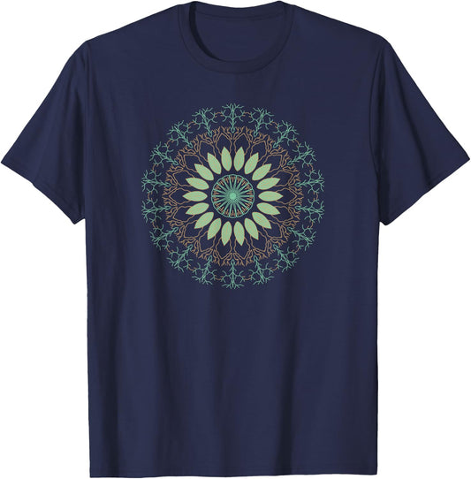 Vintage Illustrated Leaves & Nature Mandala Zen Design T-Shirt - T-Shirt | Navy