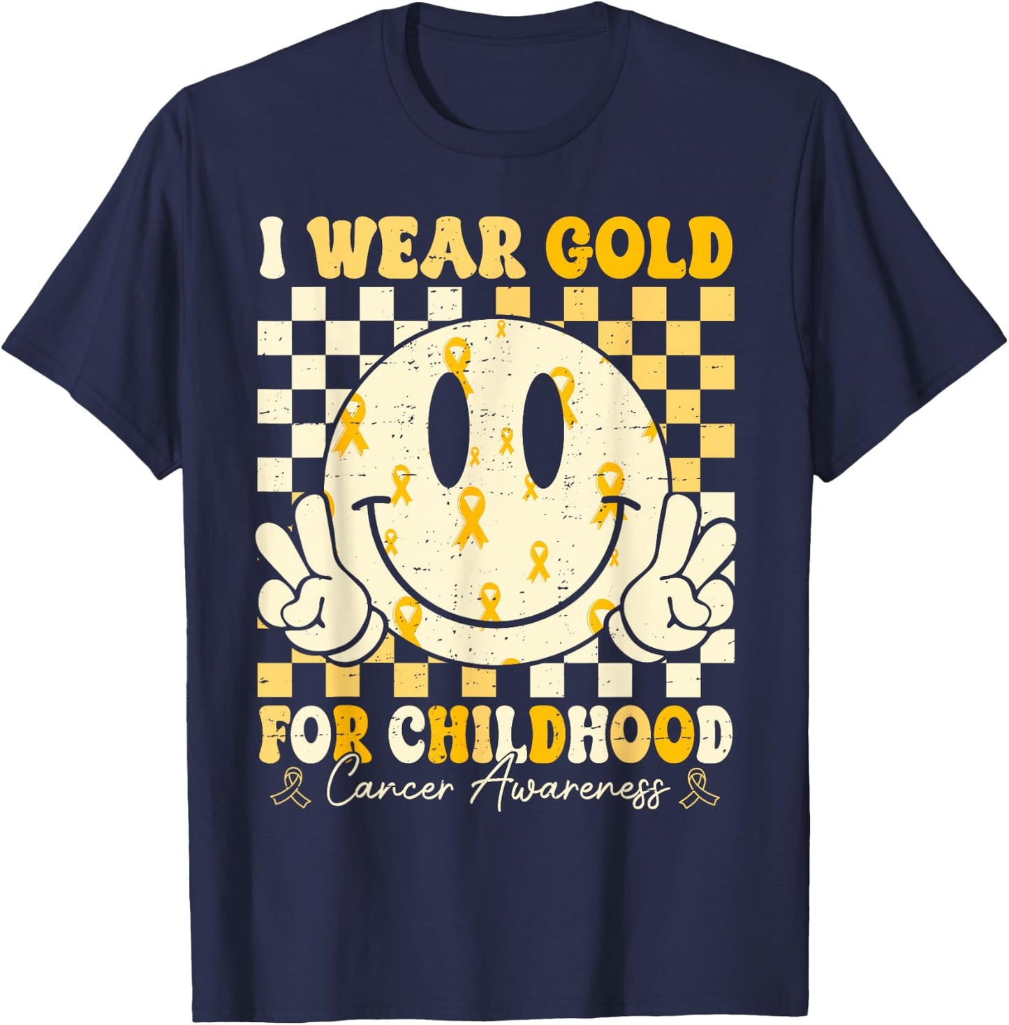 Retro I Wear Gold For Childhood Cancer Awareness Gold Ribbon T-Shirt - T-Shirt | Navy