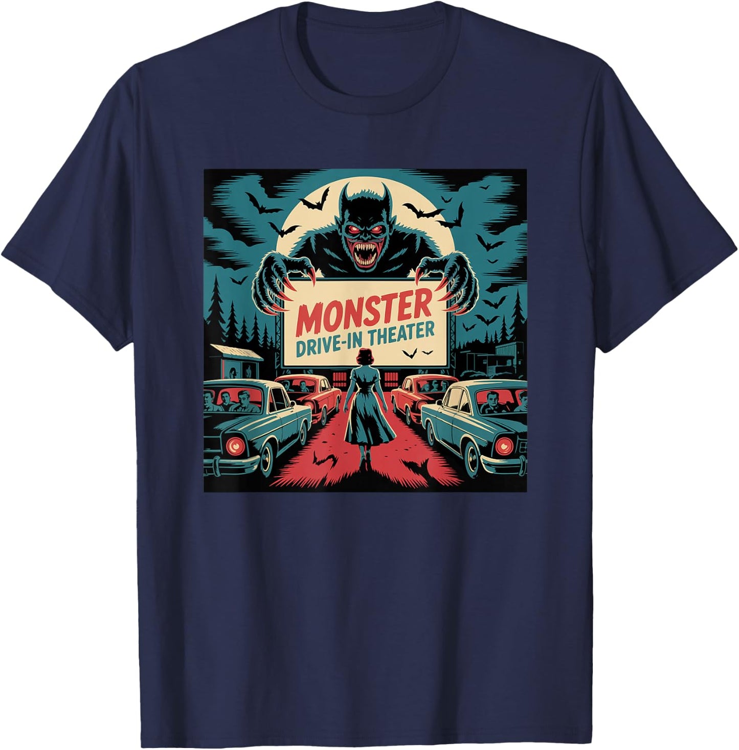 Retro Monster Drive-In Horror Movie Art Vintage T-Shirt - T-Shirt | Navy