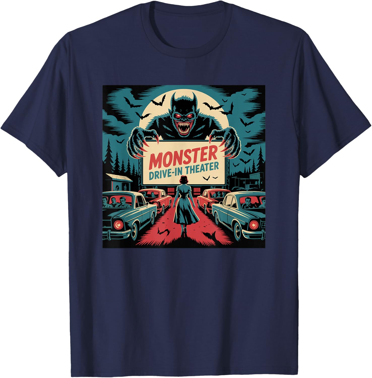 Retro Monster Drive-In Horror Movie Art Vintage T-Shirt - T-Shirt | Navy