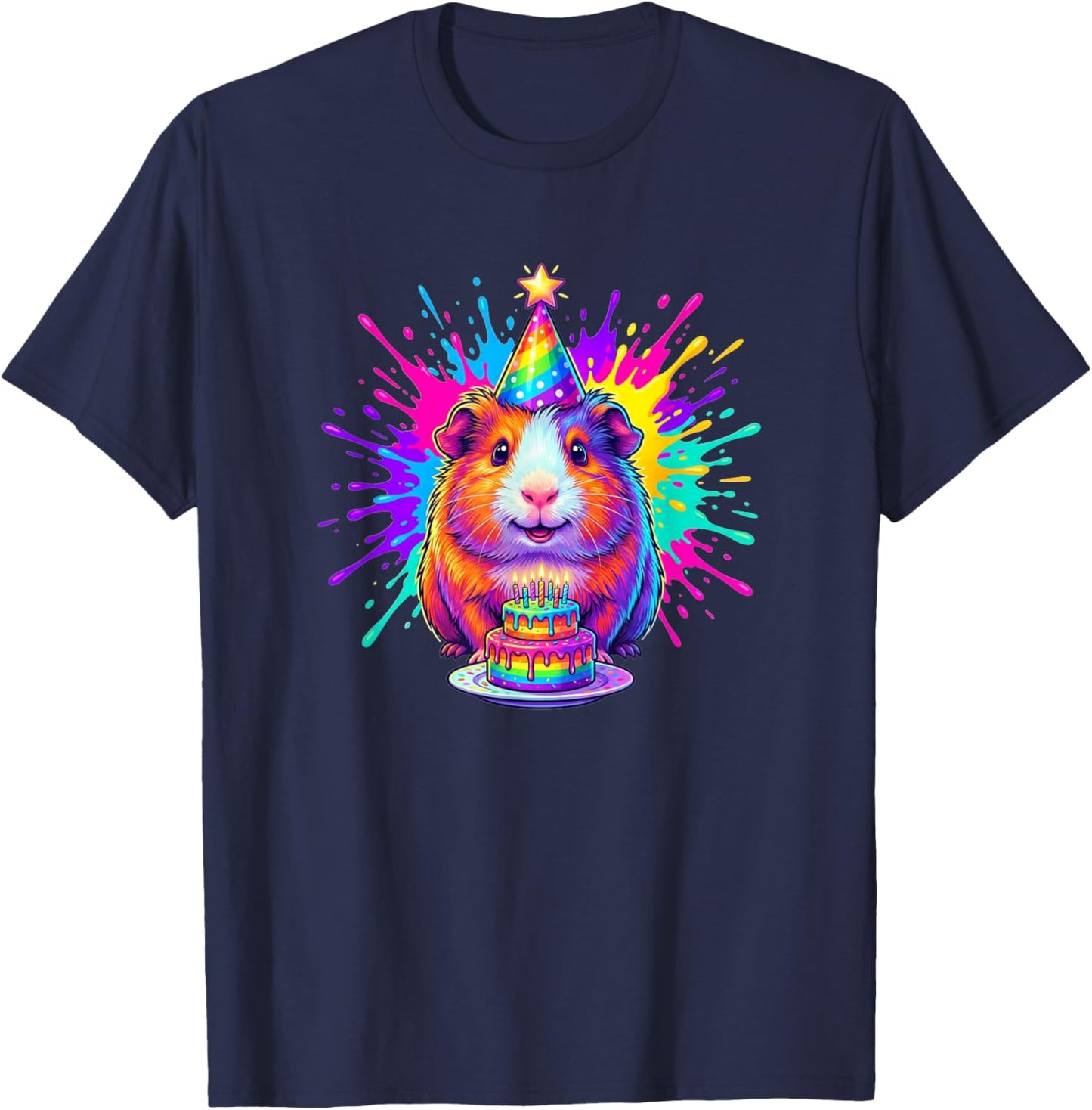 Happy Birthday Guinea Pig Rainbow Cake Party Hat T-Shirt - T-Shirt | Navy