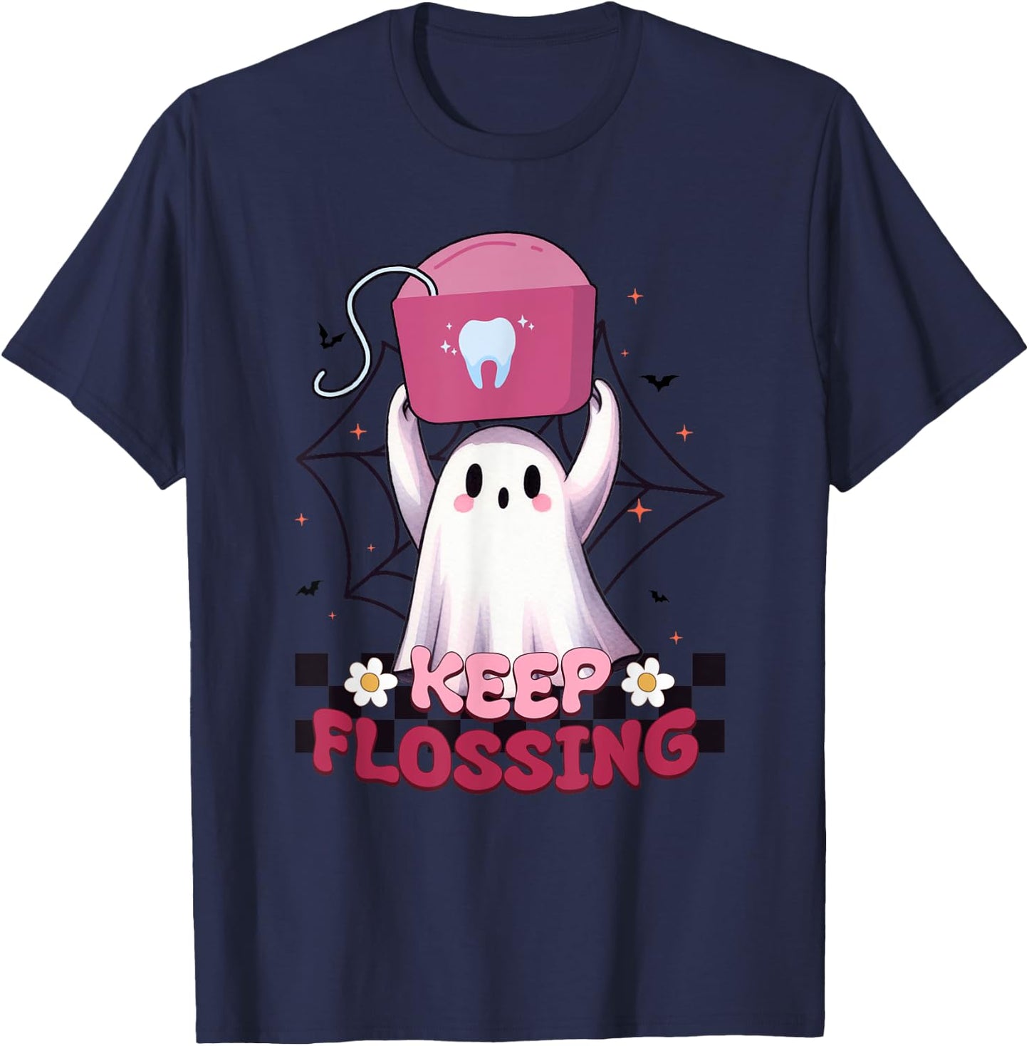 Keep Flossing Ghost Groovy Dental Hygiene Halloween Crew T-Shirt - T-Shirt | Navy