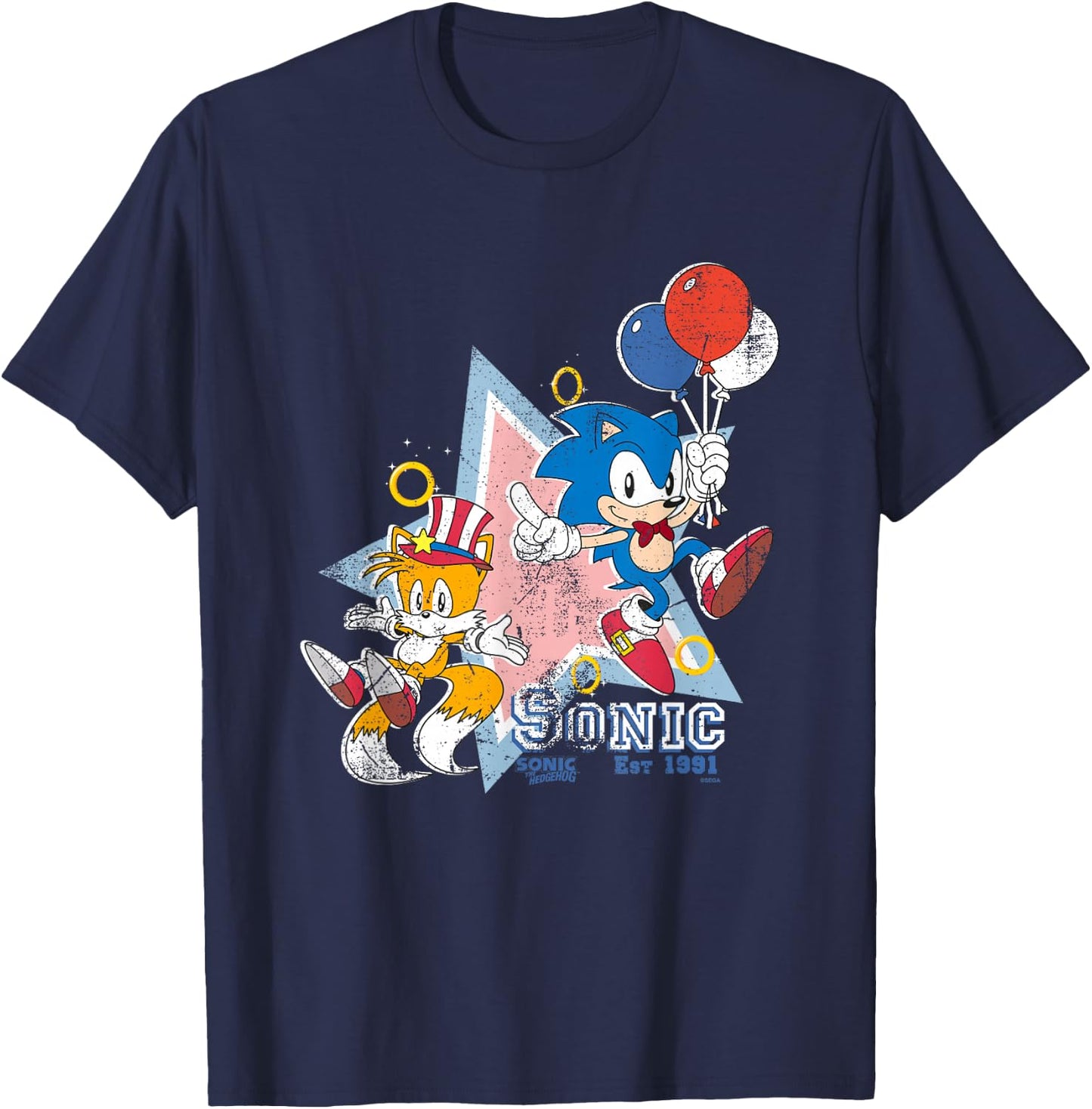Sonic The Hedgehog Americana Sonic & Tails Celebration Retro T-Shirt - T-Shirt | Navy