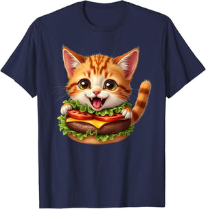 Funny Fast Food Cat Burger Lover Cute Cats Cheeseburger Men Women Kids T-Shirt - T-Shirt | Navy