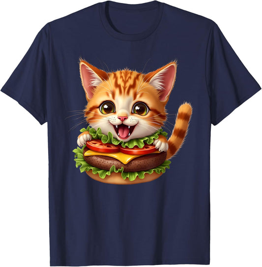 Funny Fast Food Cat Burger Lover Cute Cats Cheeseburger Men Women Kids T-Shirt - T-Shirt | Navy