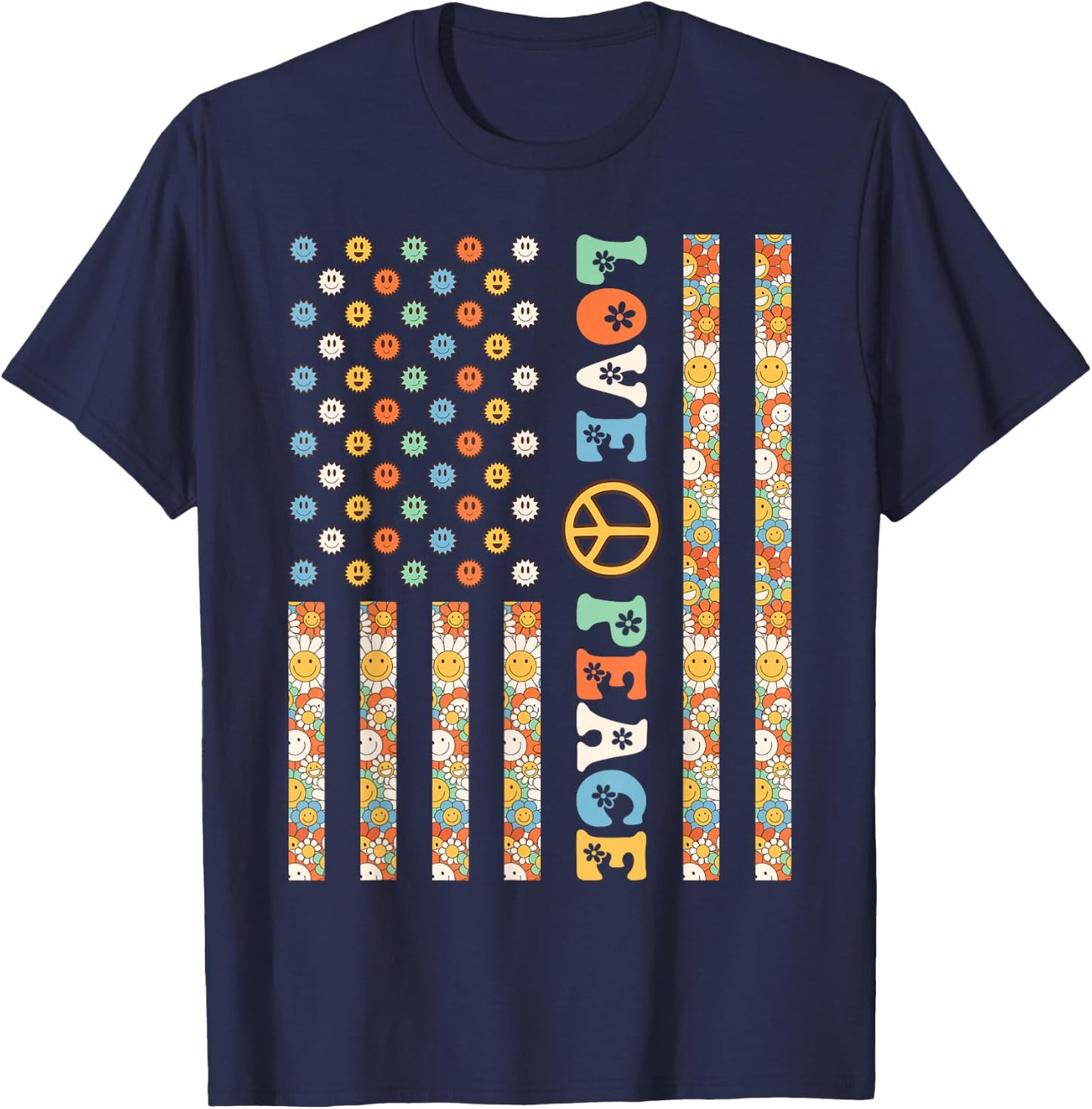 60s 70s American Flag Outfits Girls Kids Hippy Outfit USA Flag Hippie Groovy 1960s 1970s Love Peace T-Shirt - T-Shirt | Navy