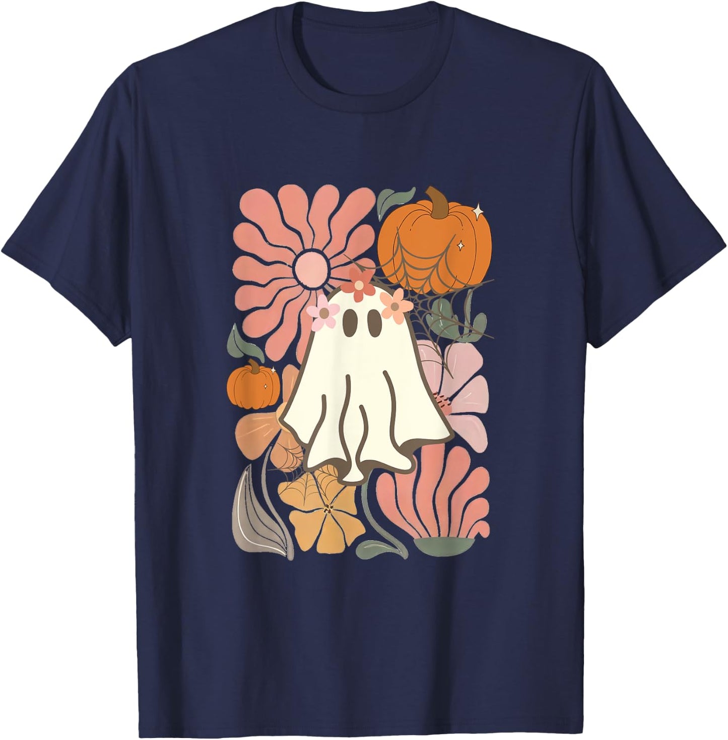 Boho Floral Fall Boho Ghost Cute Halloween girl T-Shirt - T-Shirt | Navy