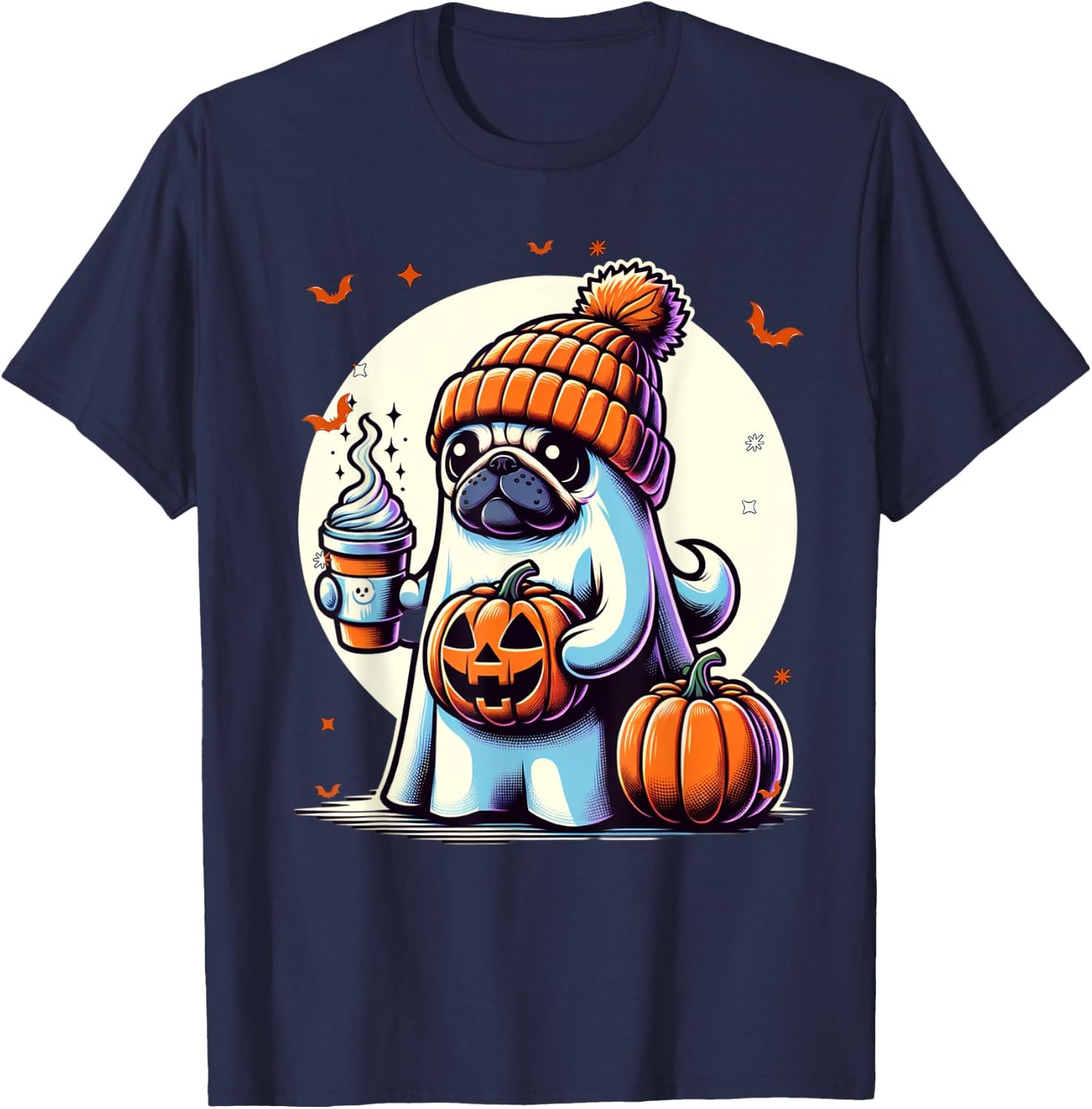 Ghost Pug Pumpkin Drinks Beanie Fall Halloween T-Shirt - T-Shirt | Navy