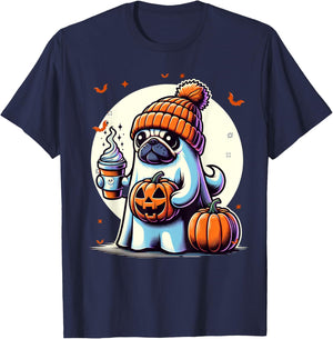 Ghost Pug Pumpkin Drinks Beanie Fall Halloween T-Shirt - T-Shirt | Navy