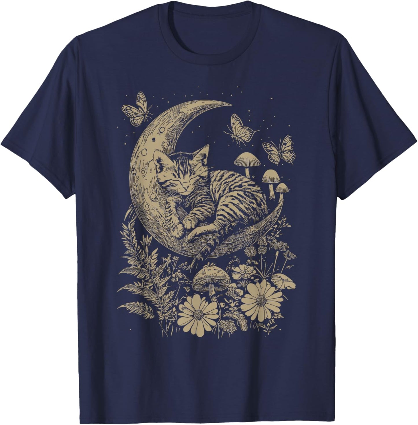 Cute Fairycore Floral Cat Sleeping Moon Aesthetic Girl Women T-Shirt - T-Shirt | Navy