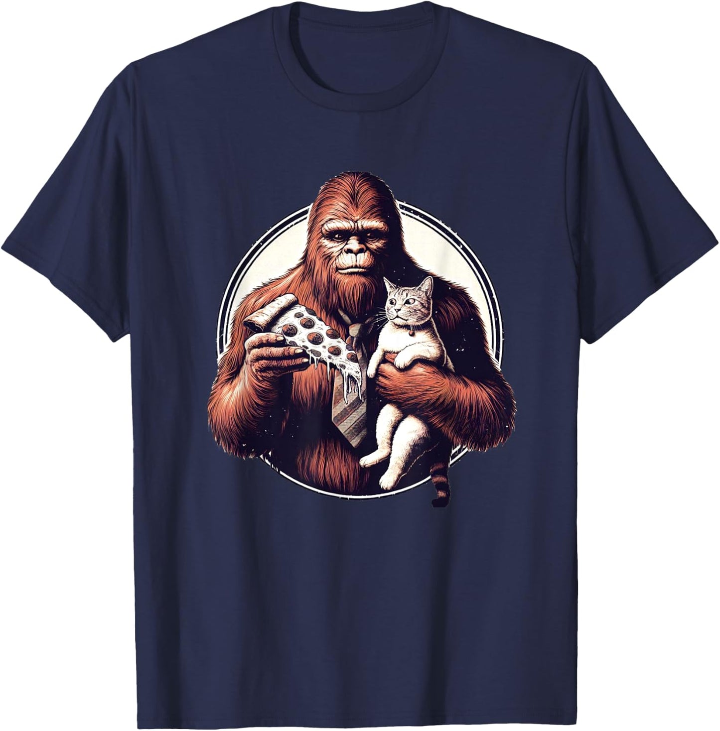Funny Bigfoot Sasquatch Pet Cat Eating Pizza Adventures Women Kids T-Shirt - T-Shirt | Navy