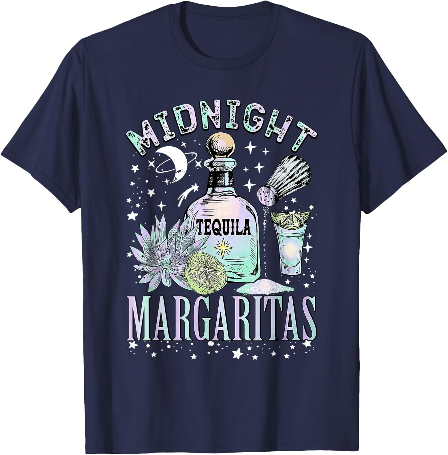 Midnight Margaritas Tequila Bottle Lime Succulent T-Shirt - T-Shirt | Navy