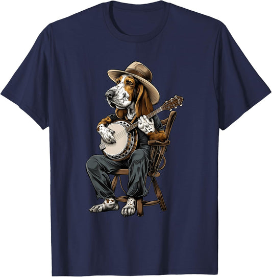 Basset Hound Dog Bluegrass Banjo Player T-Shirt - T-Shirt | Navy
