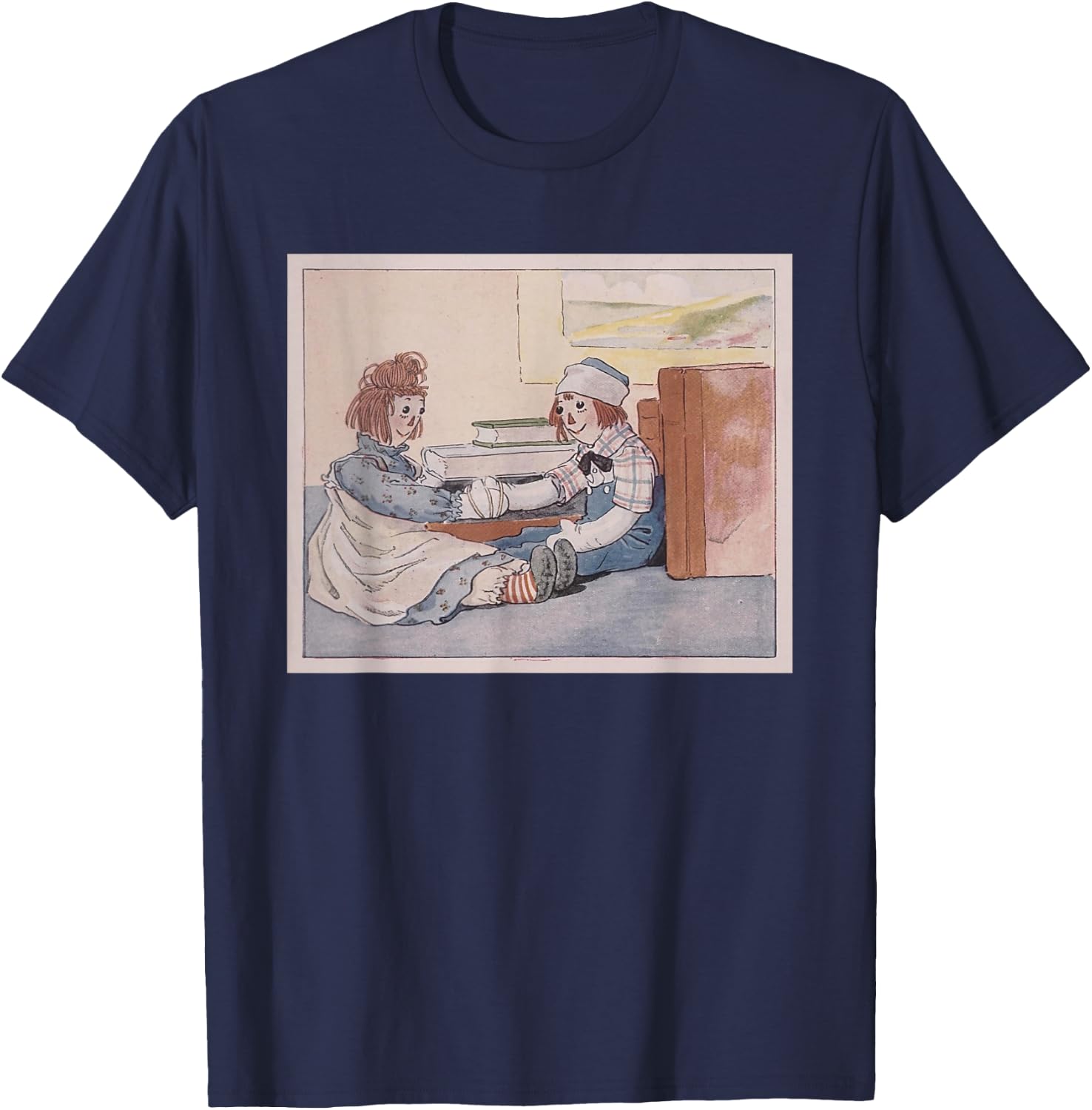 Raggedy Ann & Andy - Their Hands Tied Together Near Books T-Shirt - T-Shirt | Navy