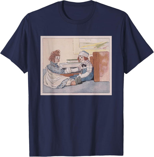 Raggedy Ann & Andy - Their Hands Tied Together Near Books T-Shirt - T-Shirt | Navy