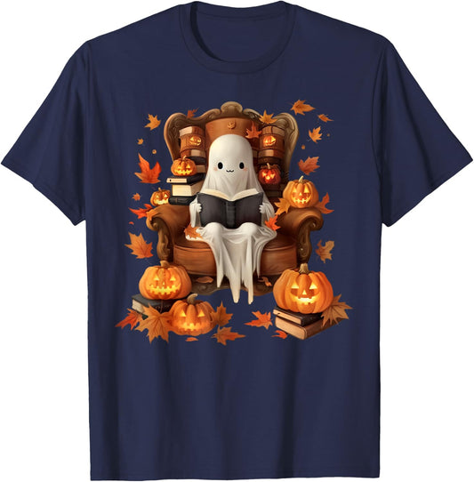 Vintage Ghost Book Reading Pumpkin Gothic Halloween Teachers Women Kids T-Shirt - T-Shirt | Navy
