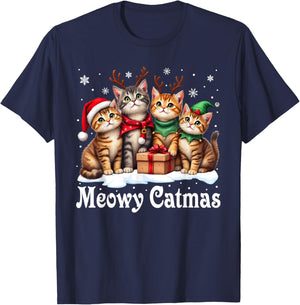 Cat Cats Christmas Pajamas Men Women Boys Girls Meowy Catmas T-Shirt - T-Shirt | Navy
