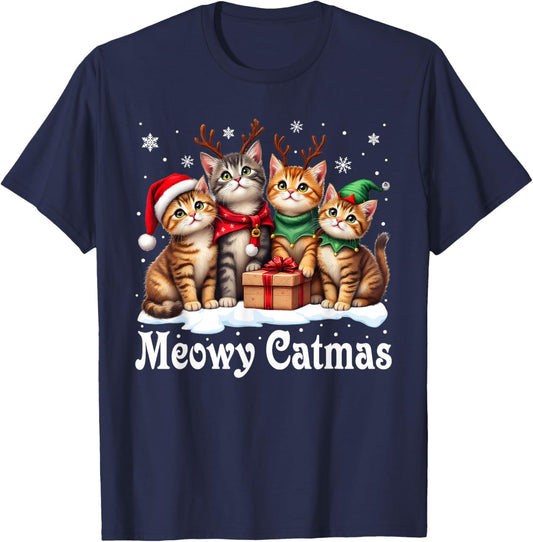 Cat Cats Christmas Pajamas Men Women Boys Girls Meowy Catmas T-Shirt - T-Shirt | Navy