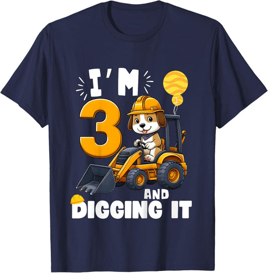 I'm 3 And Digging It Dog Construction Excavator 3rd Birthday for Girls Kids T-Shirt - T-Shirt | Navy