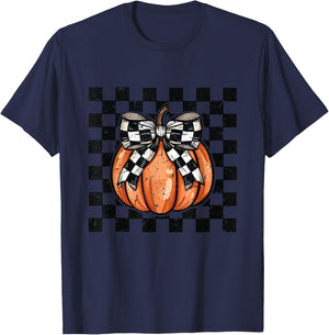 Vintage Checkered Halloween Pumpkin T-Shirt - T-Shirt | Navy