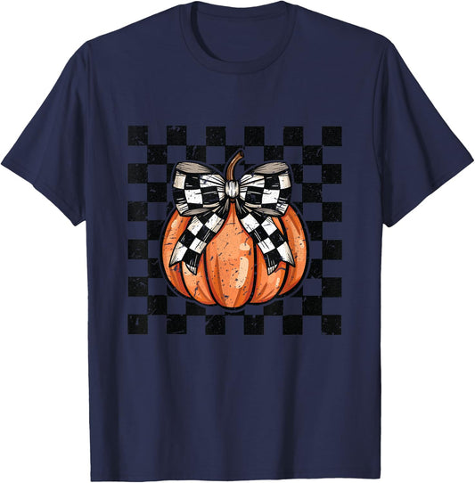 Vintage Checkered Halloween Pumpkin T-Shirt - T-Shirt | Navy