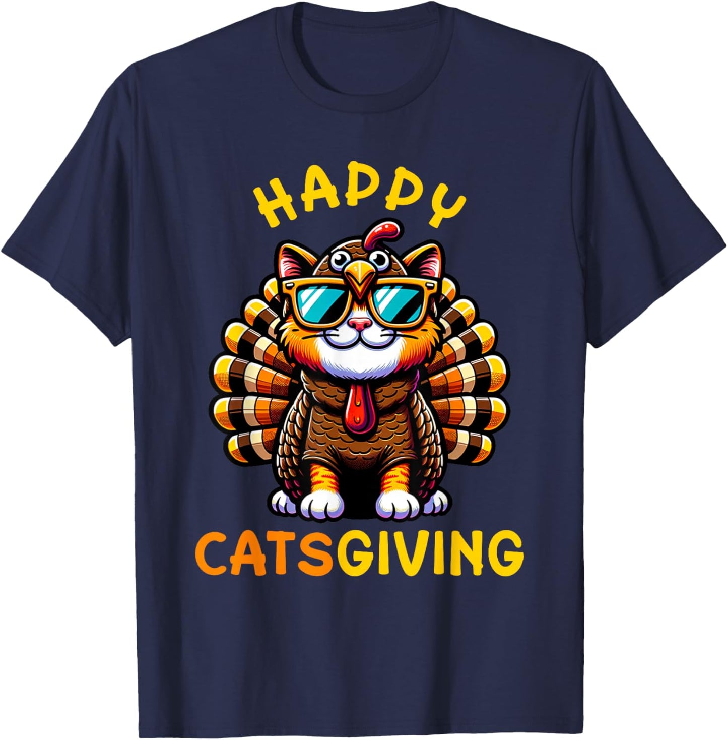 Happy Catsgiving Thanksgiving Funny Turkey Cat Men Women Girls Kids T-Shirt - T-Shirt | Navy